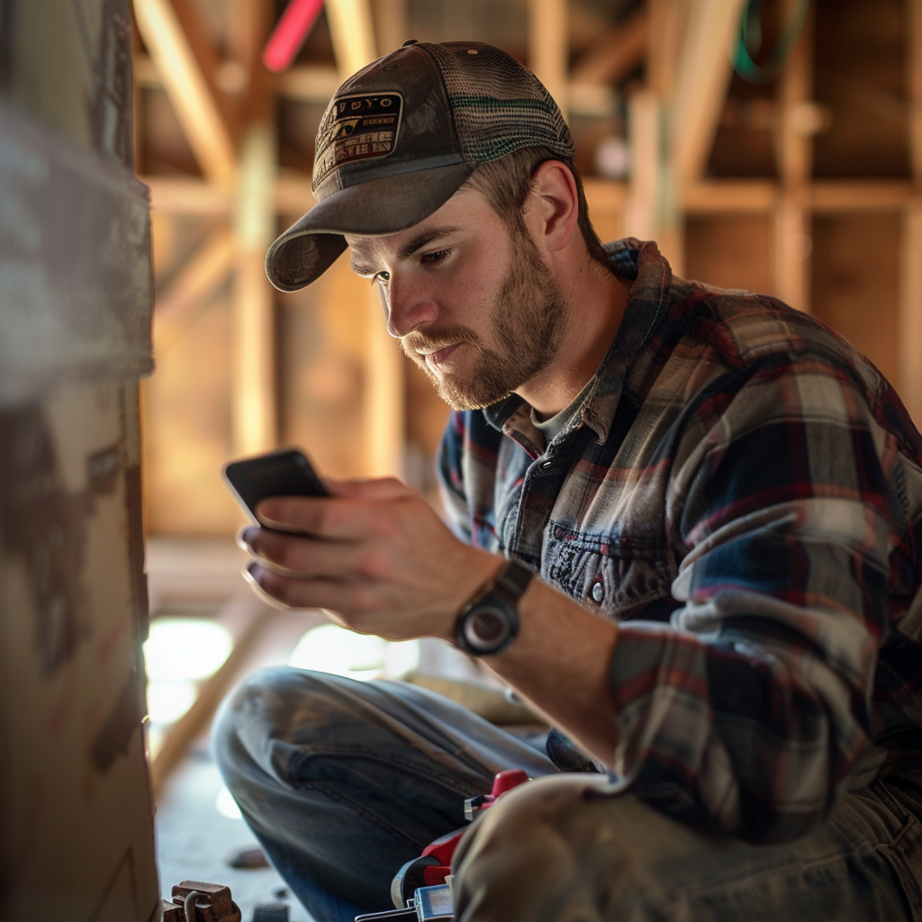 handyman checking his missed calls while working on a project